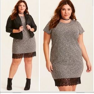 Gray Ribbed Knit Lace Hem Shift Dress